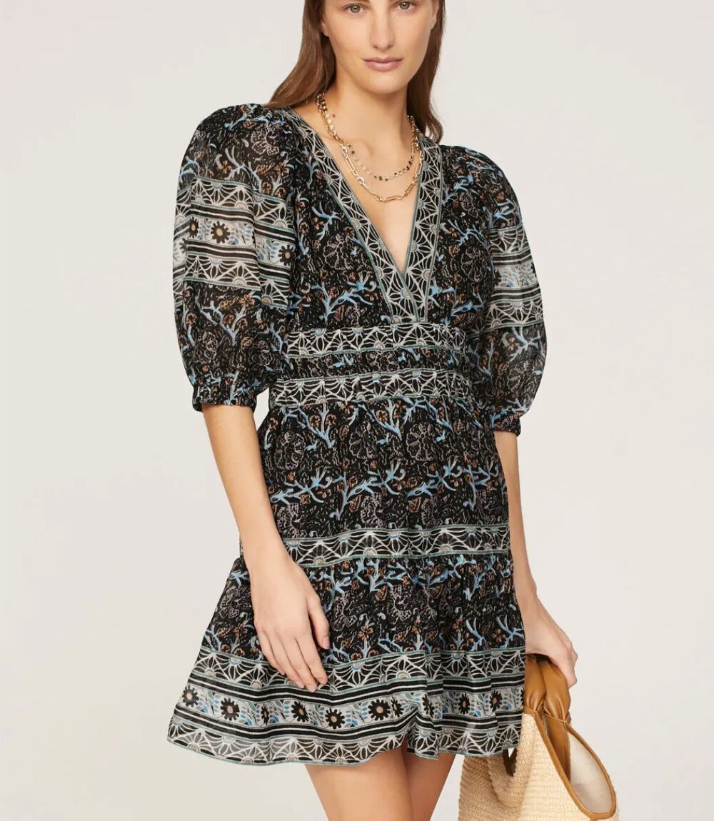 SEA NEW York Black Floral Puff Sleeve Mini Dress XS Designer Ruffle Cottage $375